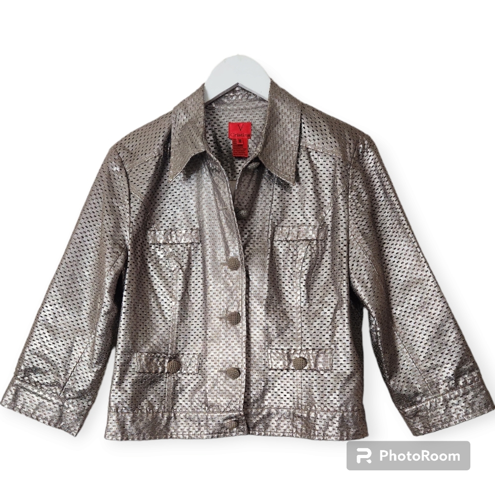 V Christina platinum metallic 3/4   Sleeve Button Down Jacket size Medium